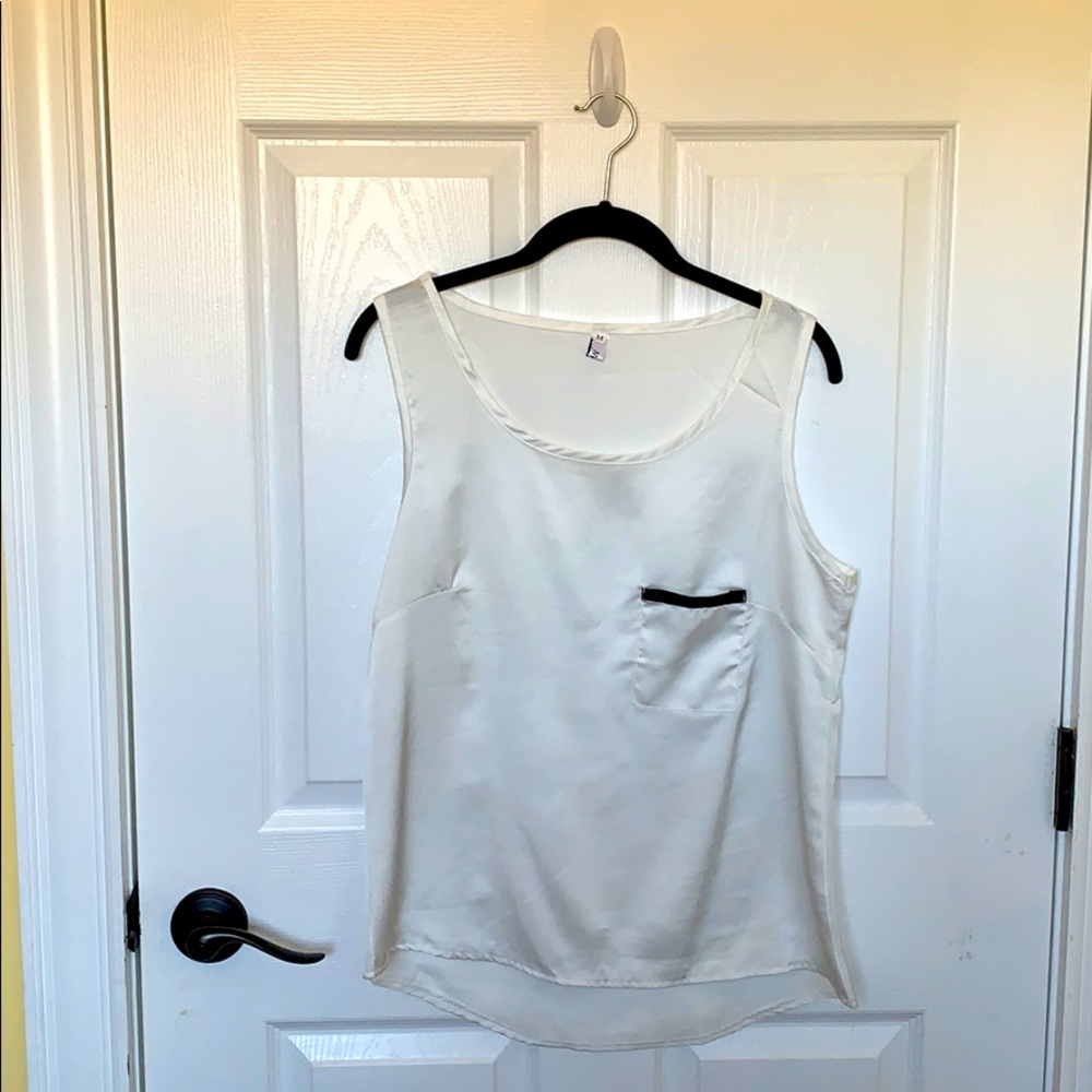 White satin dress top with black trim welt pocket